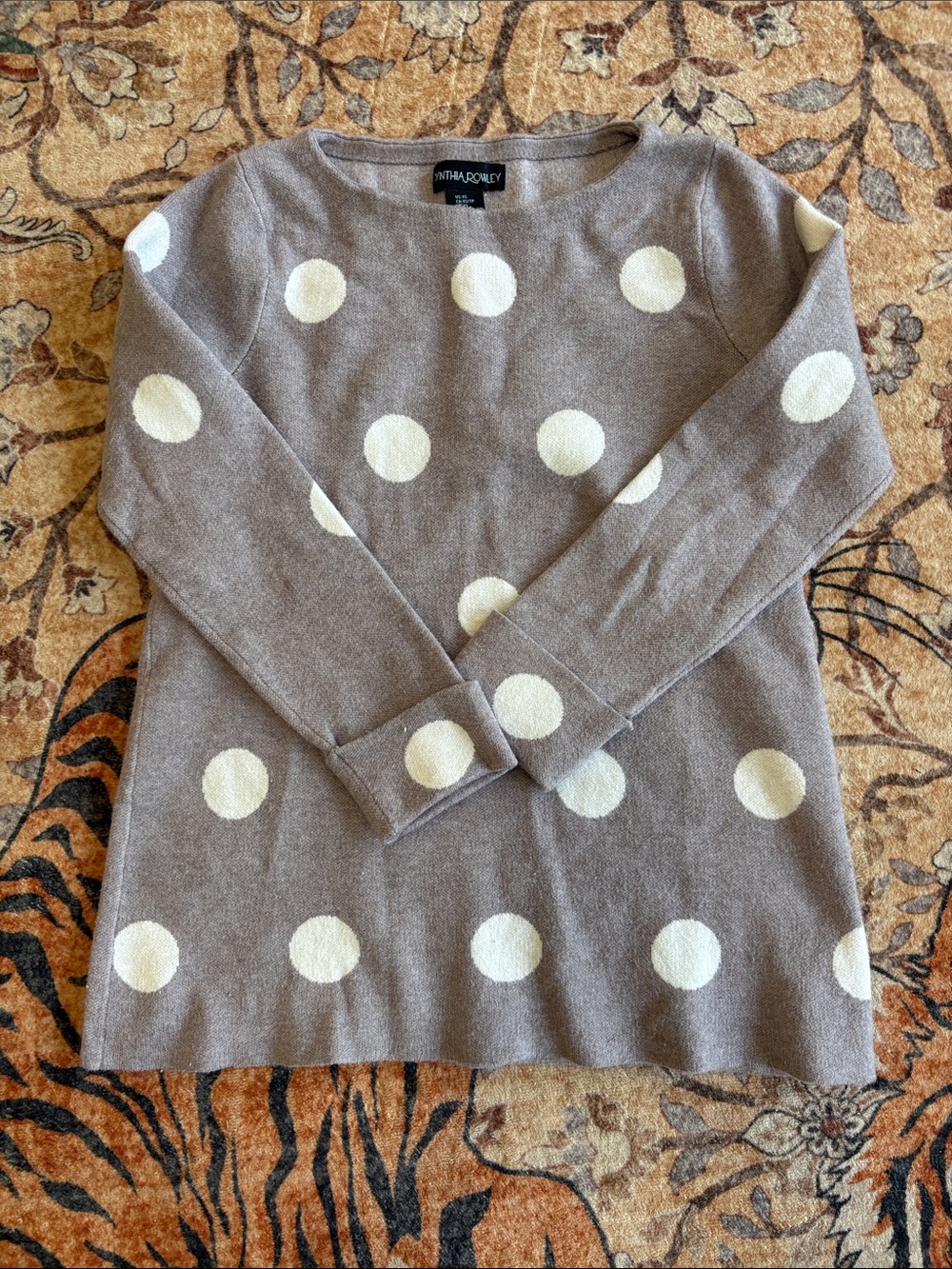 Cynthia Rowley Taupe Crewneck Sweater with Cream Polka Dots